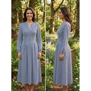 NWT Oak & Trellis Navy White Striped Long Sleeve Smocked Waist Mid Dress Women S